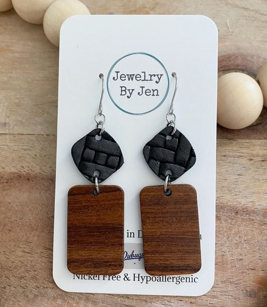 Wood Rectangle Earrings: Black Weave by Jewelry By Jen