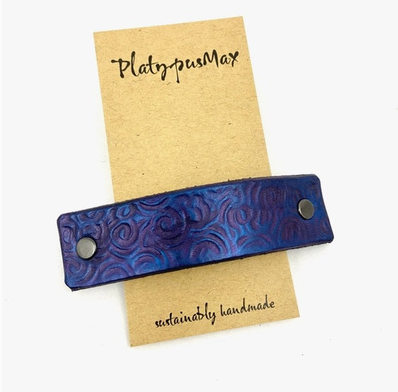 Blue and Purple Spirals Leather Hair Barrette by Platypus Max