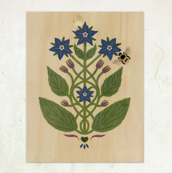 Borage and Bee Wood Print by Little Gold Fox Designs