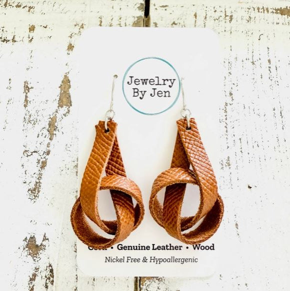 Knot Earrings: Brown Saffiano by Jewelry By Jen