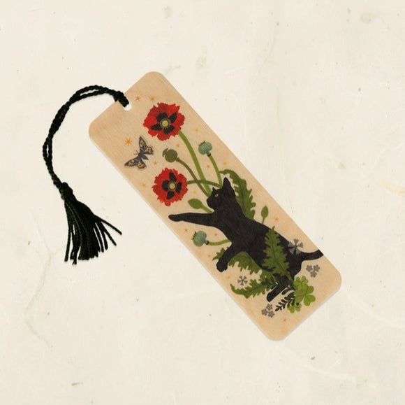 Black Cat and Poppies Wood Bookmark by Little Gold Fox Designs