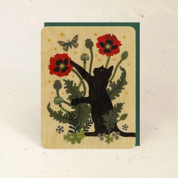Black Cat and Poppies Wood Greeting Card by Little Gold Fox Designs