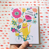 Cat on Bicycle Birthday Greeting Card by Honeyberry Studios