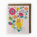 Cat on Bicycle Birthday Greeting Card by Honeyberry Studios