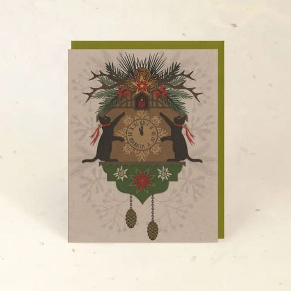 Cat Cuckoo Holiday Wood Greeting Card by Little Gold Fox Designs