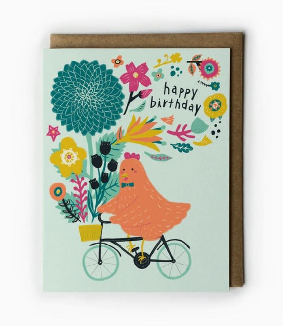 Chicken on Bicycle Birthday Greeting Card by Honeyberry Studios