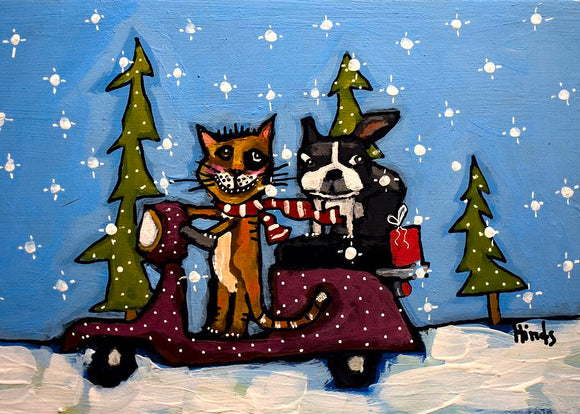 Christmas Cat and Dog on a Scooter Blank Greeting Card by David Hinds