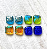 Dichroic Glass Post Earrings - Blue, Green, Gold by Glass Town USA