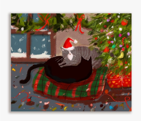 Christmas Cozy Cats Greeting Card by Jamie Shelman