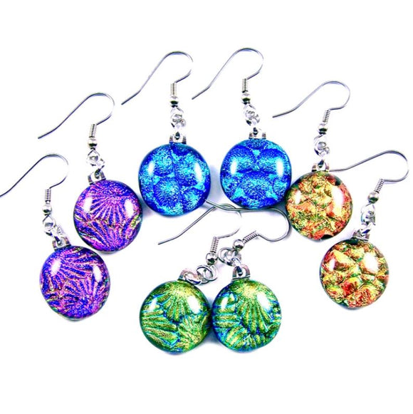 Dichroic Glass Round Dangle Earrings - Bright Rainbow by Glass Town USA
