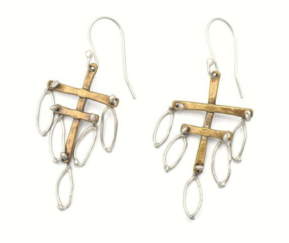 Double-Cross Brass and Silver Dangle Earrings by Amber Carlin