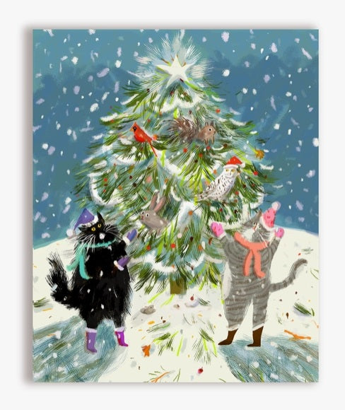 Christmas Forest Friends Cat Greeting Card by Jamie Shelman