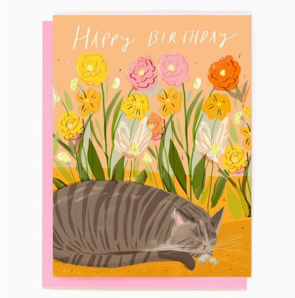 Birthday Garden Dreaming Cat Greeting Card by Jamie Shelman