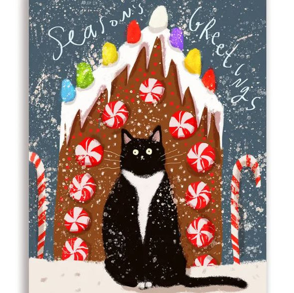 Gingerbread House Cat Greeting Card by Jamie Shelman