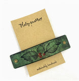 Green Holly Leaves and Red Berries - Gold Embossed Leather Hair Barrette by Platypus Max
