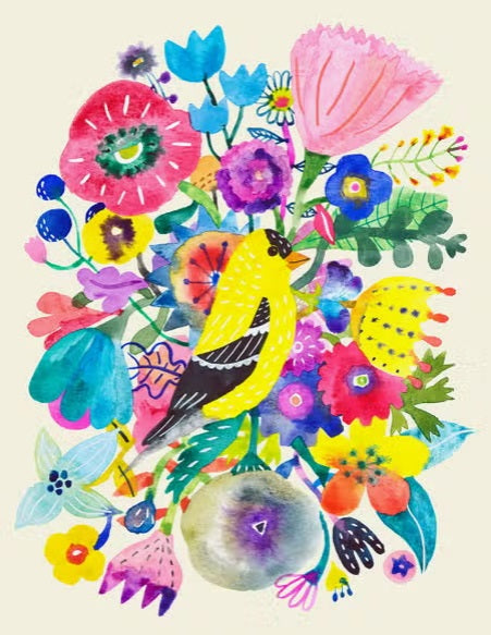 Goldfinch and Flowers Greeting Card by Honeyberry Studios