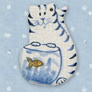 Cat and Goldfish Ceramic Ornament by Mary DeCaprio