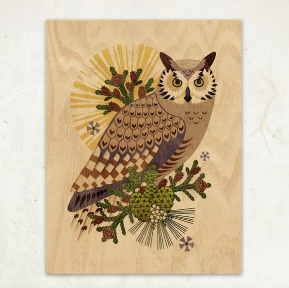 Great Horned Owl Wood Print by Little Gold Fox Designs