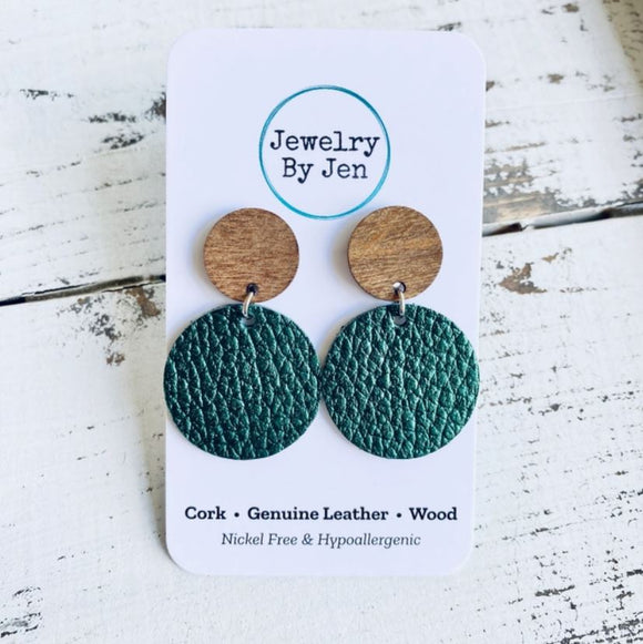 Medium Wood Stud Earrings: Metallic Hunter Green by Jewelry By Jen