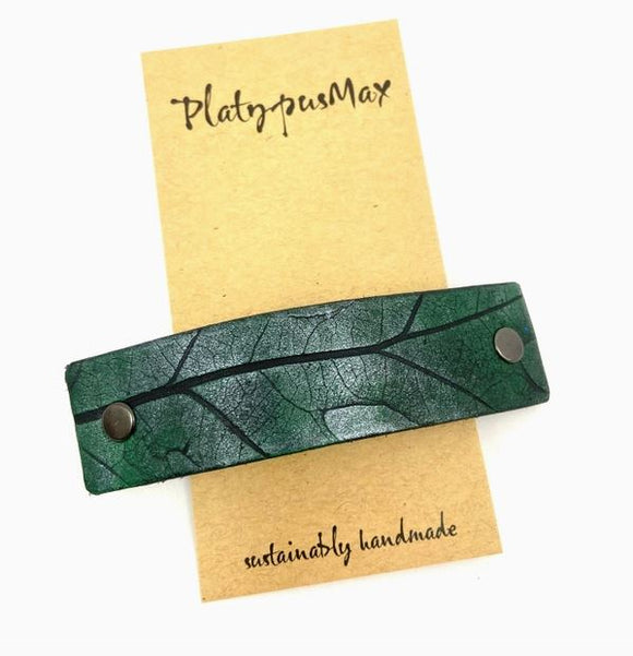 Forest Green Oak Leaf Leather Hair Barrette by Platypus Max