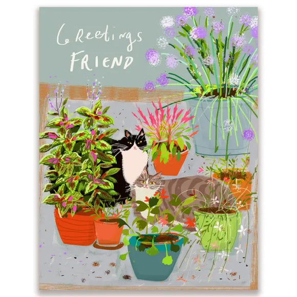 Greetings Friend Plant Babies Cat Greeting Card by Jamie Shelman