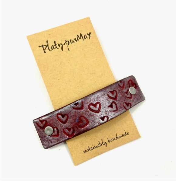 Crimson and Silver Stamped Hearts Leather Hair Barrette by Platypus Max