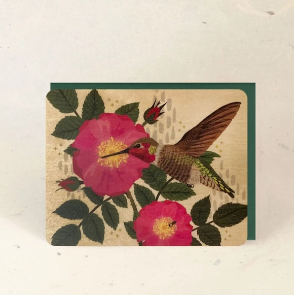 Hummingbird and Rose Wood Greeting Card by Little Gold Fox Designs