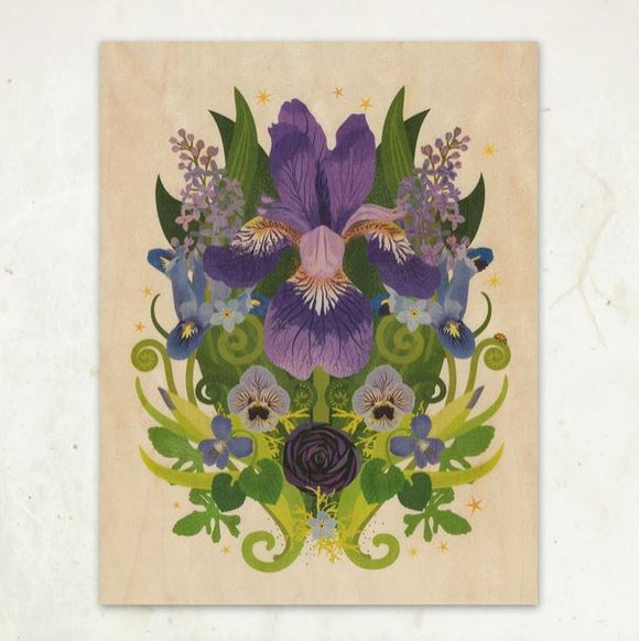 Iris and Ladybug Wood Print by Little Gold Fox Designs