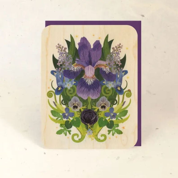 Iris and Ladybug Wood Greeting Card by Little Gold Fox Designs