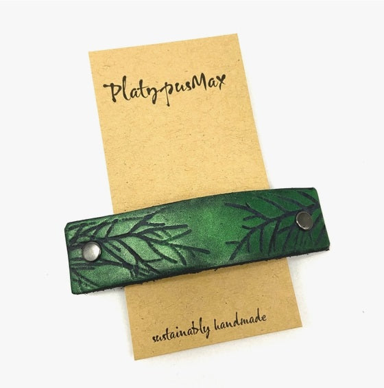 Green Juniper Leather Hair Barrette by Platypus Max