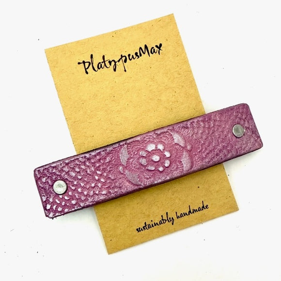 Pink and Pewter Lace Flower Leather Hair Barrette by Platypus Max