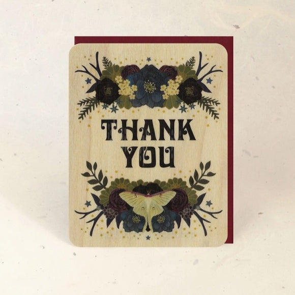 Thank You Luna Moth Wood Greeting Card by Little Gold Fox Designs