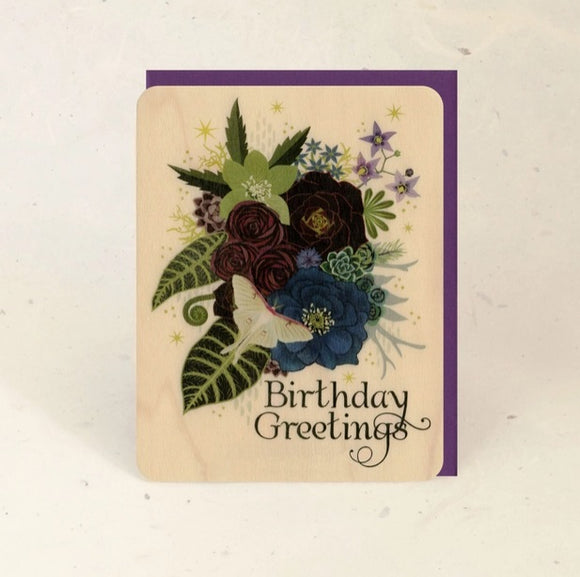 Birthday Luna Bouquet Wood Greeting Card by Little Gold Fox Designs