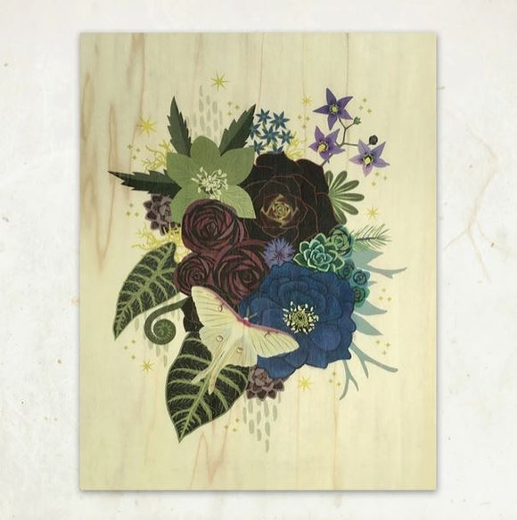 Luna Moth Bouquet Wood Print by Little Gold Fox Designs