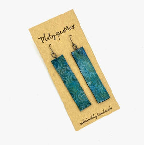 Mermaid Blue and Green Spirals Long Bar Earrings by Platypus Max