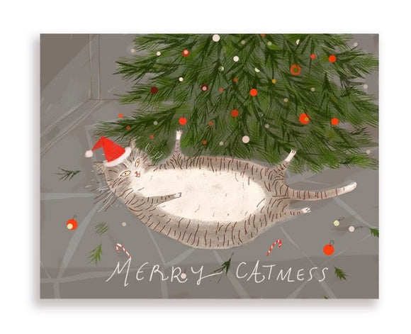Merry Cat-mess Gray Cat Greeting Card by Jamie Shelman