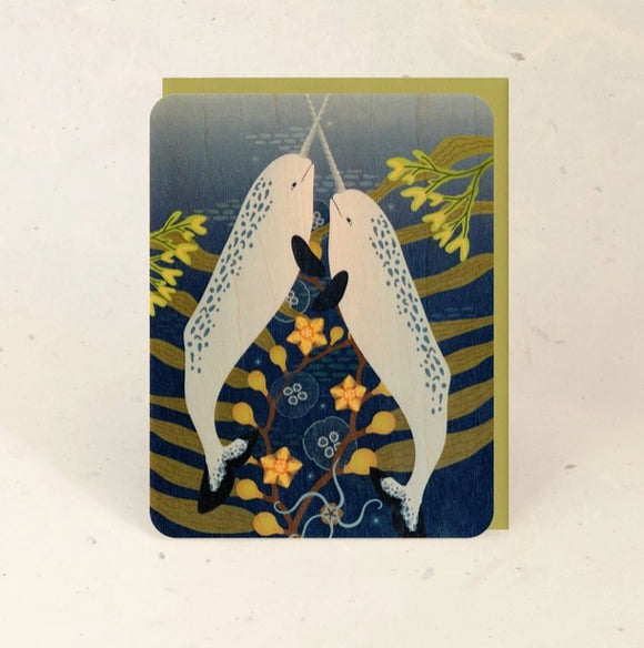 Narwhals Wood Greeting Card by Little Gold Fox Designs