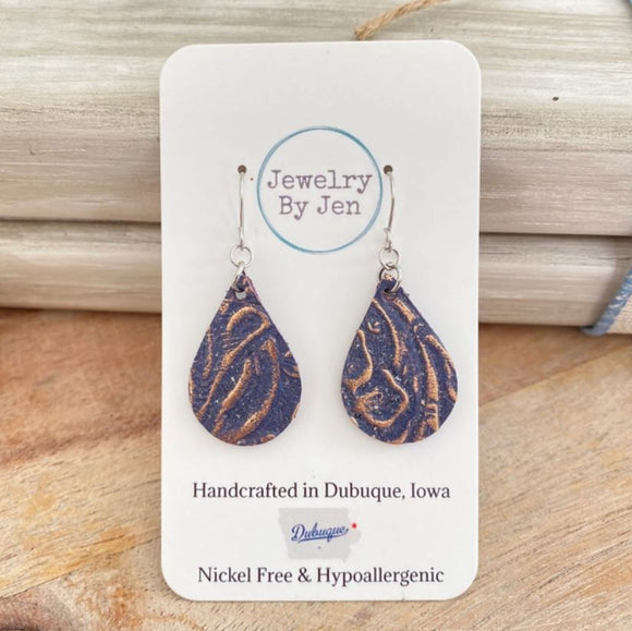 Small Teardrop Earrings: Navy and Rose Gold Tooled by Jewelry By Jen