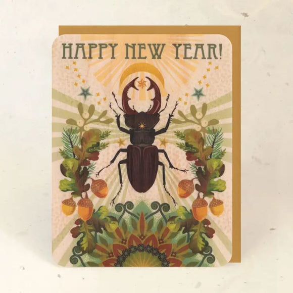 New Year Beetle Wood Greeting Card by Little Gold Fox Designs