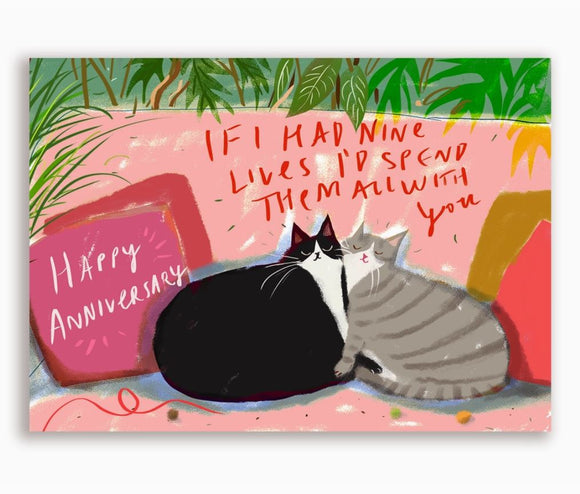 Anniversary Nine Lives Cats Greeting Card by Jamie Shelman