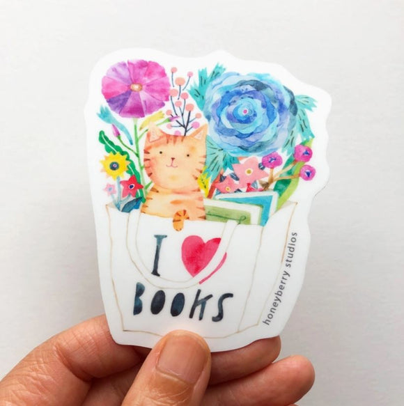 Orange Tabby Cat in a Book Bag Sticker by Honeyberry Studios