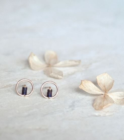 Smooth Wire Circle Stud Earrings with Shiny Purple Beads - Tiny by Brianna Kenyon
