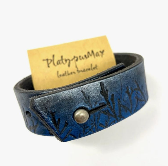 Shimmery Blue and Silver Forest and Sky Leather Cuff by Platypus Max