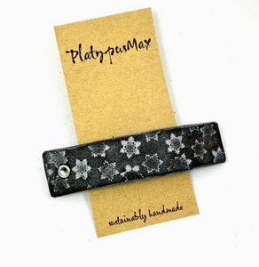 Black and White Snowflakes Leather Hair Barrette by Platypus Max