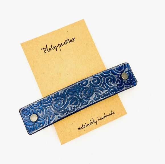 Blue and Silver Spirals Leather Hair Barrette by Platypus Max