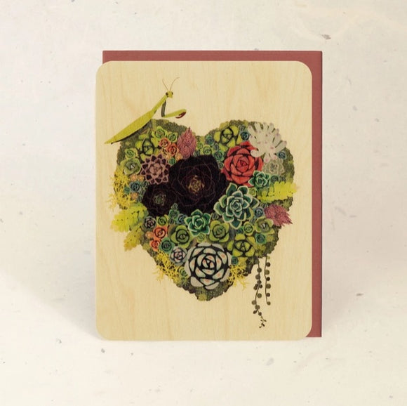 Succulent Heart Wood Greeting Card by Little Gold Fox Designs