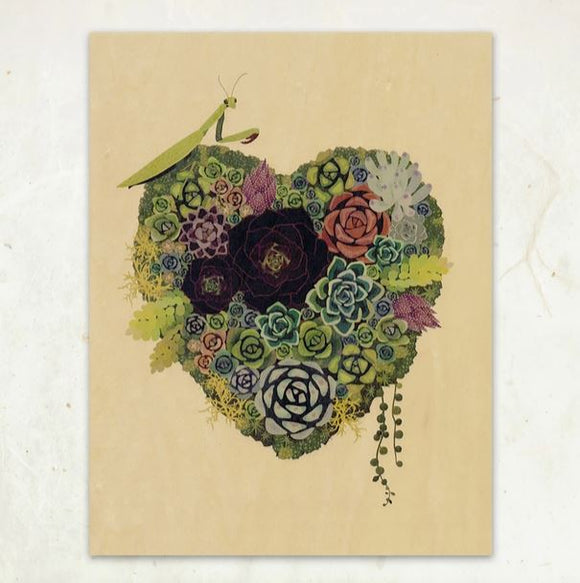 Succulent Heart Wood Print by Little Gold Fox Designs