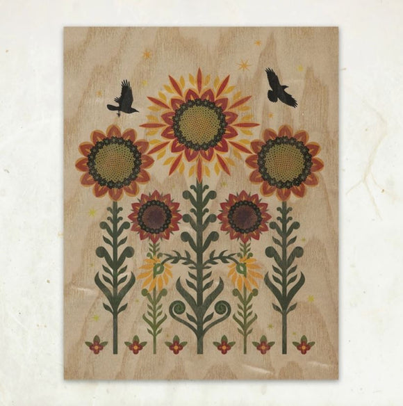 Sunflowers and Crows Wood Print by Little Gold Fox Designs