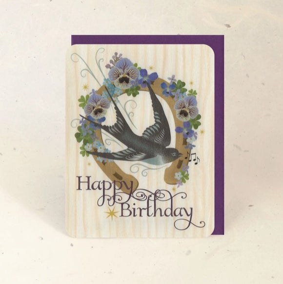 Birthday Swift Wood Greeting Card by Little Gold Fox Designs