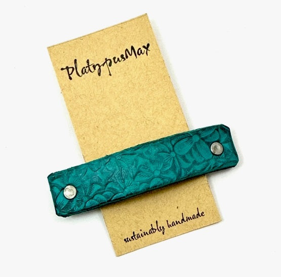 Turquoise and Black Flowers Leather Hair Barrette by Platypus Max